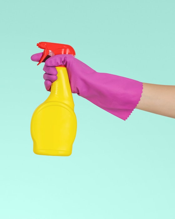 Smiling Sparkle cleaner holding a caddy of eco-friendly cleaning supplies